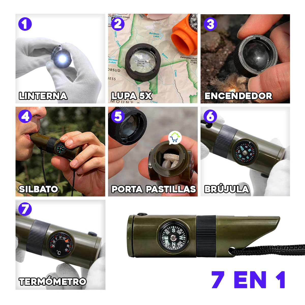 Silbato supervivencia 7 en 1 Herramienta