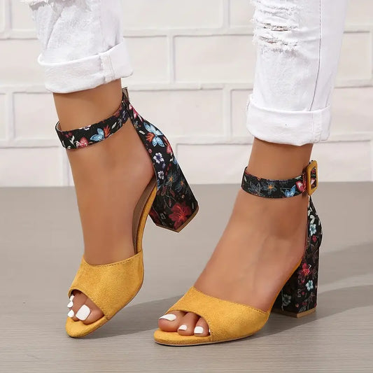 Peep Toe | Sandalias de tacón grueso ortopédicas con estampado floral y correa